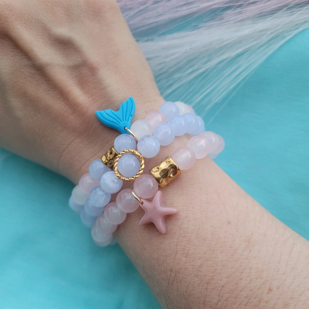 Set de 3 Pulseras "Sueño de Sirena" con Cuentas de Cristal y Charms Playeros | Tonos Pastel y Resina