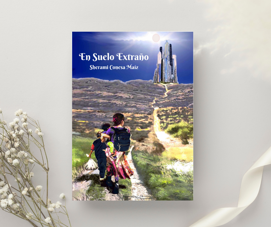 Portada del libro En suelo extraño con inmigrantes caminando por un sendero con una ciudad americana de fondo.